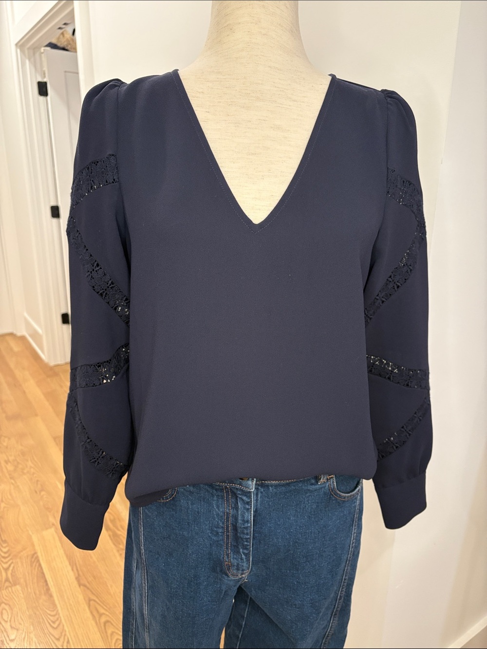 Sezane V-Neck Navy Blouse